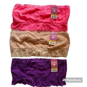 Lot of 3 Strapless Lace Bralettes / Bandeau Bras - Purple, Pink, Beige - Size M